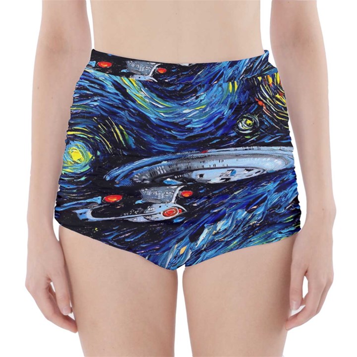 Spaceship Galaxy Parody Art Starry Night High-Waisted Bikini Bottoms