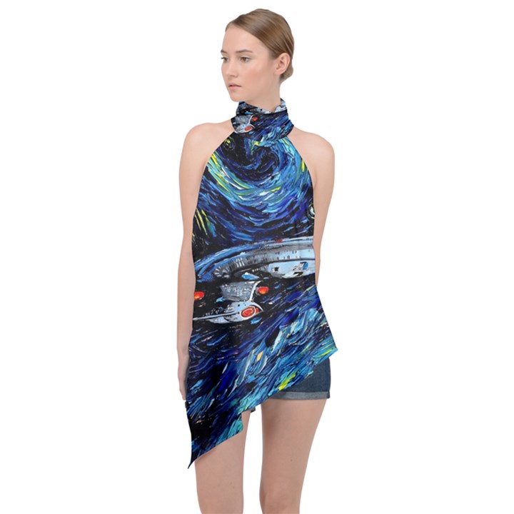 Spaceship Galaxy Parody Art Starry Night Halter Asymmetric Satin Top