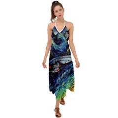 Spaceship Galaxy Parody Art Starry Night Halter Tie Back Dress  by Sarkoni