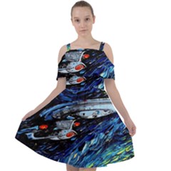 Spaceship Galaxy Parody Art Starry Night Cut Out Shoulders Chiffon Dress by Sarkoni