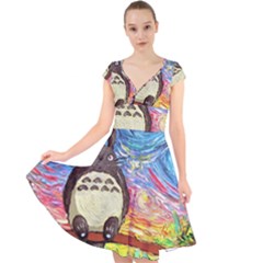 Cartoon Starry Night Art Van Gogh Parody Cap Sleeve Front Wrap Midi Dress