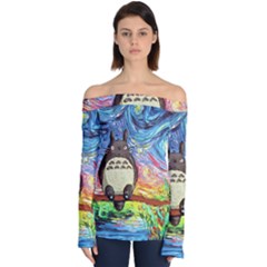 Cartoon Starry Night Art Van Gogh Parody Off Shoulder Long Sleeve Top by Sarkoni