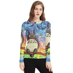 Cartoon Starry Night Art Van Gogh Parody Women s Long Sleeve Rash Guard by Sarkoni