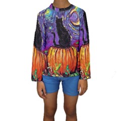 Halloween Art Starry Night Hallows Eve Black Cat Pumpkin Kids  Long Sleeve Swimwear by Sarkoni