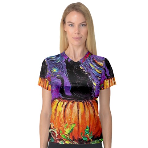 Halloween Art Starry Night Hallows Eve Black Cat Pumpkin V-neck Sport Mesh T-shirt by Sarkoni