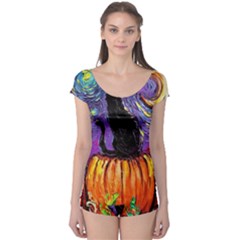 Halloween Art Starry Night Hallows Eve Black Cat Pumpkin Boyleg Leotard 