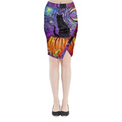 Halloween Art Starry Night Hallows Eve Black Cat Pumpkin Midi Wrap Pencil Skirt by Sarkoni