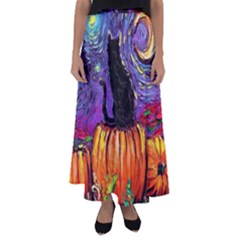 Halloween Art Starry Night Hallows Eve Black Cat Pumpkin Flared Maxi Skirt by Sarkoni