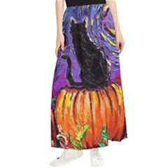 Halloween Art Starry Night Hallows Eve Black Cat Pumpkin Maxi Chiffon Skirt by Sarkoni