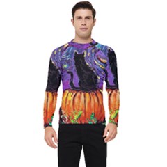 Halloween Art Starry Night Hallows Eve Black Cat Pumpkin Men s Long Sleeve Rash Guard by Sarkoni