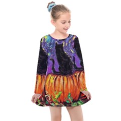 Halloween Art Starry Night Hallows Eve Black Cat Pumpkin Kids  Long Sleeve Dress by Sarkoni