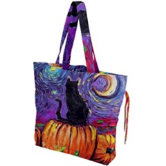 Halloween Art Starry Night Hallows Eve Black Cat Pumpkin Drawstring Tote Bag