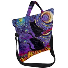 Halloween Art Starry Night Hallows Eve Black Cat Pumpkin Fold Over Handle Tote Bag