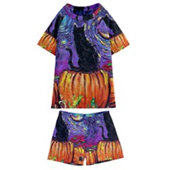 Halloween Art Starry Night Hallows Eve Black Cat Pumpkin Kids  Swim T-shirt And Shorts Set by Sarkoni