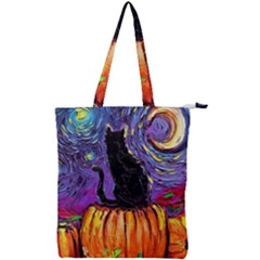 Halloween Art Starry Night Hallows Eve Black Cat Pumpkin Double Zip Up Tote Bag by Sarkoni