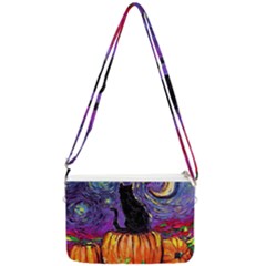 Halloween Art Starry Night Hallows Eve Black Cat Pumpkin Double Gusset Crossbody Bag by Sarkoni
