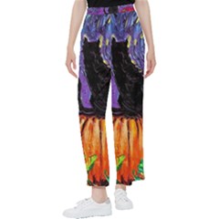 Halloween Art Starry Night Hallows Eve Black Cat Pumpkin Women s Pants  by Sarkoni