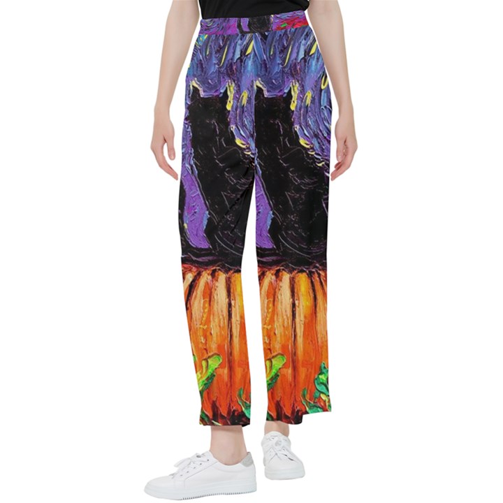 Halloween Art Starry Night Hallows Eve Black Cat Pumpkin Women s Pants 