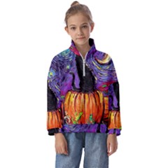 Halloween Art Starry Night Hallows Eve Black Cat Pumpkin Kids  Half Zip Hoodie by Sarkoni