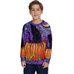 Halloween Art Starry Night Hallows Eve Black Cat Pumpkin Kids  Crewneck Sweatshirt