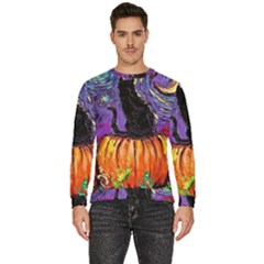 Halloween Art Starry Night Hallows Eve Black Cat Pumpkin Men s Fleece Sweatshirt by Sarkoni