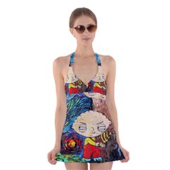 Cartoon Starry Night Vincent Van Gogh Halter Dress Swimsuit 