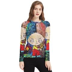 Cartoon Starry Night Vincent Van Gogh Women s Long Sleeve Rash Guard by Sarkoni