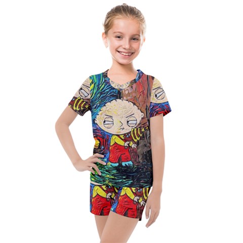 Cartoon Starry Night Vincent Van Gogh Kids  Mesh T-shirt And Shorts Set by Sarkoni