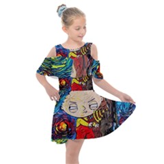 Cartoon Starry Night Vincent Van Gogh Kids  Shoulder Cutout Chiffon Dress by Sarkoni