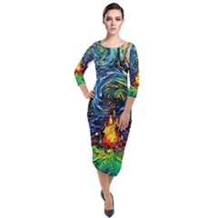 Dog Cartoon Starry Night Print Van Gogh Parody Quarter Sleeve Midi Velour Bodycon Dress