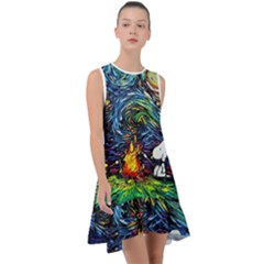 Dog Cartoon Starry Night Print Van Gogh Parody Frill Swing Dress by Sarkoni