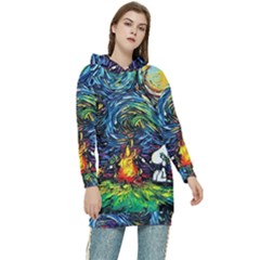 Dog Cartoon Starry Night Print Van Gogh Parody Women s Long Oversized Pullover Hoodie by Sarkoni