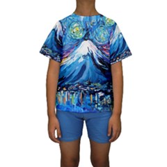 Mount Fuji Art Starry Night Van Gogh Kids  Short Sleeve Swimwear