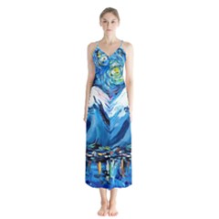 Mount Fuji Art Starry Night Van Gogh Button Up Chiffon Maxi Dress