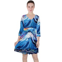 Mount Fuji Art Starry Night Van Gogh Quarter Sleeve Ruffle Waist Dress