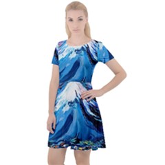 Mount Fuji Art Starry Night Van Gogh Cap Sleeve Velour Dress  by Sarkoni