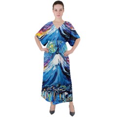 Mount Fuji Art Starry Night Van Gogh V-neck Boho Style Maxi Dress