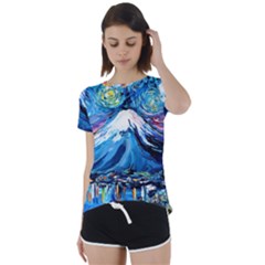 Mount Fuji Art Starry Night Van Gogh Short Sleeve Open Back T-shirt by Sarkoni