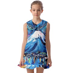 Mount Fuji Art Starry Night Van Gogh Kids  Pilgrim Collar Ruffle Hem Dress by Sarkoni