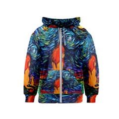 Lion Art Starry Night Van Gogh Kids  Zipper Hoodie