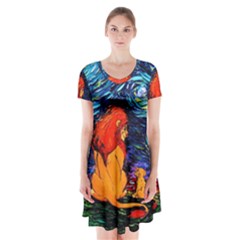 Lion Art Starry Night Van Gogh Short Sleeve V-neck Flare Dress