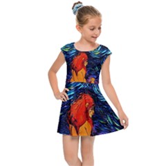 Lion Art Starry Night Van Gogh Kids  Cap Sleeve Dress