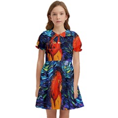 Lion Art Starry Night Van Gogh Kids  Bow Tie Puff Sleeve Dress by Sarkoni