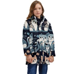 Cats Pattern Kids  Hooded Longline Puffer Jacket by Valentinaart