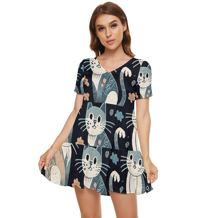 Cats pattern Tiered Short Sleeve Babydoll Dress