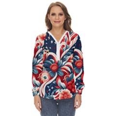 America pattern Zip Up Long Sleeve Blouse