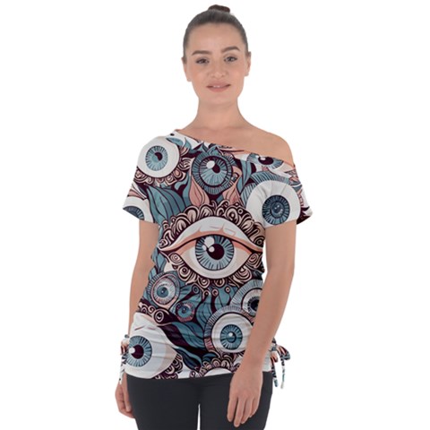 Eyes Pattern Off Shoulder Tie-up T-shirt by Valentinaart
