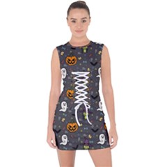 Halloween Pattern Bat Lace Up Front Bodycon Dress by Bangk1t