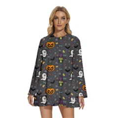 Halloween Pattern Bat Round Neck Long Sleeve Bohemian Style Chiffon Mini Dress by Bangk1t