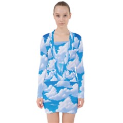 Sky Clouds Blue Cartoon Animated V-neck Bodycon Long Sleeve Dress